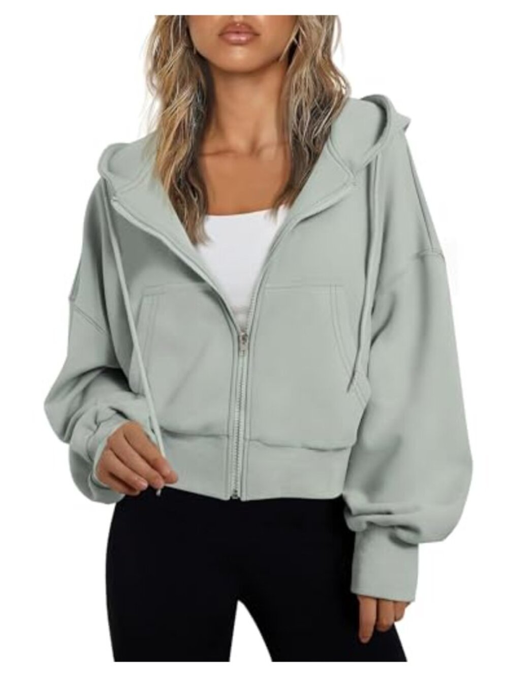 Oversized Cropped Zip Up Hoodie Drop Shoulder Pockets Sweatshirt Fall Jacket